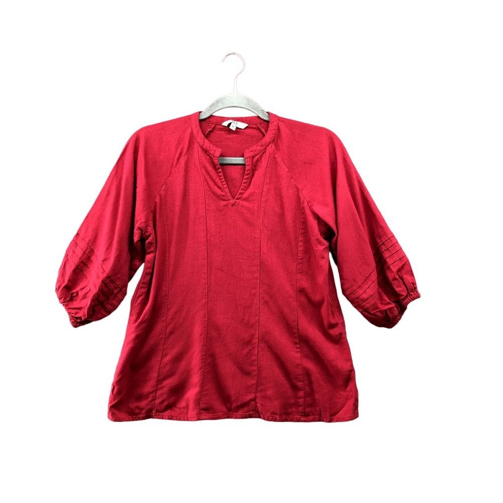 AND Linen Blend Boho Balloon Sleeve Top Popover Split Neck‎ Red Womens S Peasant